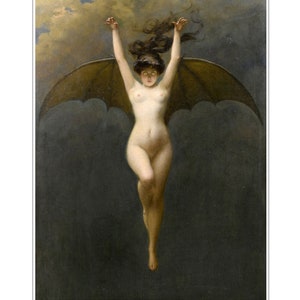 Pu&ograve; includere: Un dipinto di una donna con ali di pipistrello, che vola nel cielo. La donna &egrave; nuda e ha lunghi capelli scuri. Il cielo &egrave; grigio scuro con nuvole. Il dipinto &egrave; intitolato "La Donna Pipistrello" di Albert Penot.