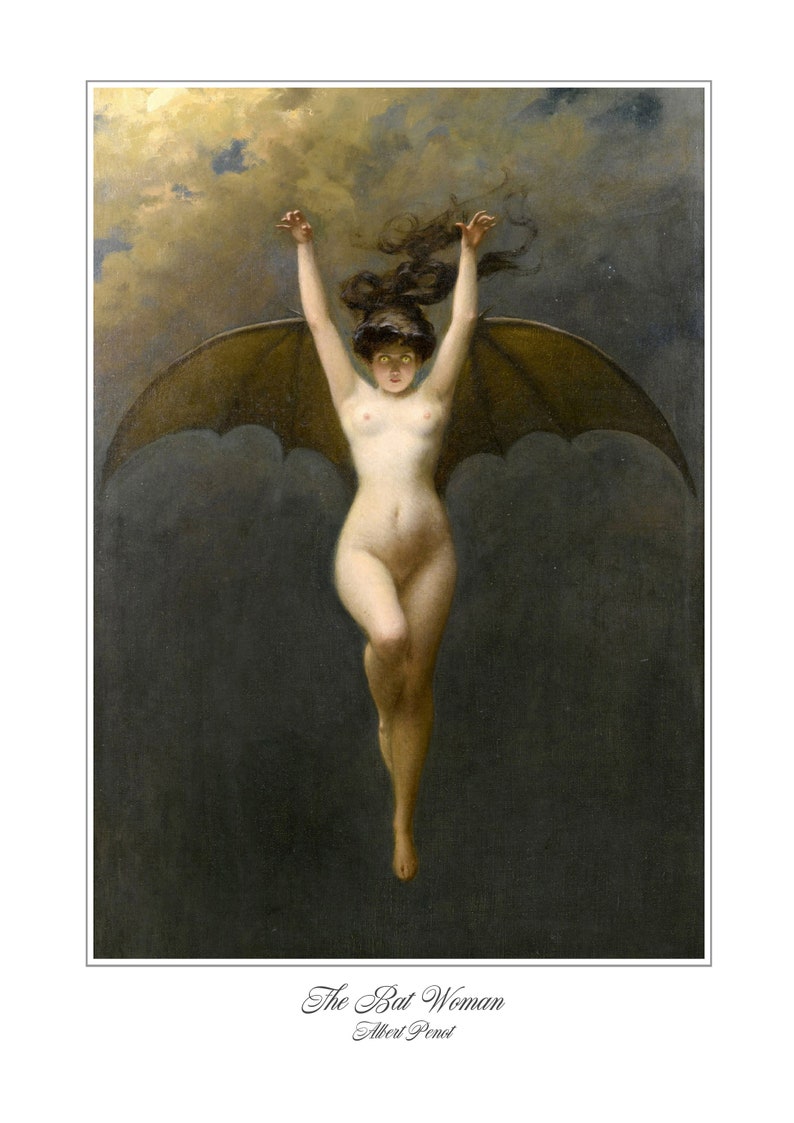 Pu&ograve; includere: Un dipinto di una donna con ali di pipistrello, che vola nel cielo. La donna &egrave; nuda e ha lunghi capelli scuri. Il cielo &egrave; grigio scuro con nuvole. Il dipinto &egrave; intitolato "La Donna Pipistrello" di Albert Penot.