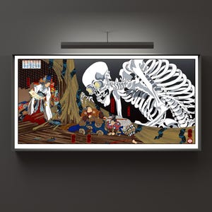 May include: A framed print of a Japanese-style artwork. It shows a large white skeleton dominating the scene, with figures in traditional attire below. The room setting has intricate patterns and colours, creating a striking visual contrast.