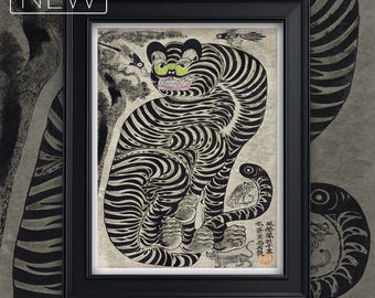 Talismanic Tiger A3 A4 Fine Art Print. Vintage Japanese Natural World Illustration. Classic Home Decor. Gold Leaf Woodblock Oriental Antique