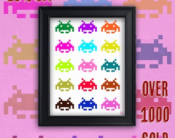 Space Invaders A3 A4 Fine Art Print. Vintage Retro 80s Gaming Poster. Damien Hirst.
