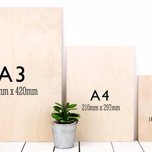 Pu&ograve; includere: Tre tavole di legno con il testo "A3 297mm x 420mm", "A4 210mm x 297mm" e "A5 148mm x 210mm" stampato su di esse. Le tavole sono disposte in ordine decrescente di dimensione da sinistra a destra.