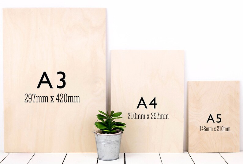 Pu&ograve; includere: Tre tavole di legno con il testo "A3 297mm x 420mm", "A4 210mm x 297mm" e "A5 148mm x 210mm" stampato su di esse. Le tavole sono disposte in ordine decrescente di dimensione da sinistra a destra.