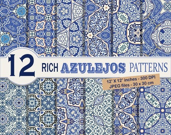 12 bogatych Azulejos papier cyfrowy-pliki cyfrowe natychmiastowe pobieranie natychmiastowe pobieranie wielkoformatowe niebieskie płytki towary papierowe