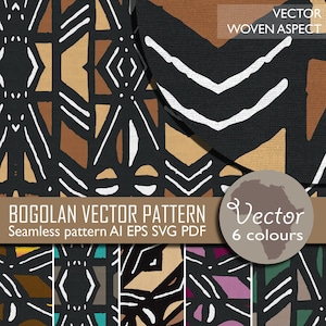 Peut inclure: Une illustration numérique d'un motif géométrique en noir, blanc, marron et orange. Le motif est une répétition sans couture et est étiqueté "Bogolan Vector Pattern" et "Vector 6 couleurs".