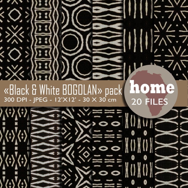 Pack de 20 motifs numériques d'inspiration BOGOLAN Noir et Blanc patterns  Afrique papier digital African pattern HOME collection