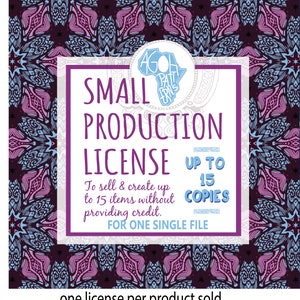 May include: A purple and white graphic with the text "SMALL PRODUCTION LICENSE UP TO 15 COPIES FOR ONE SINGLE FILE" and the text "one license per product sold".