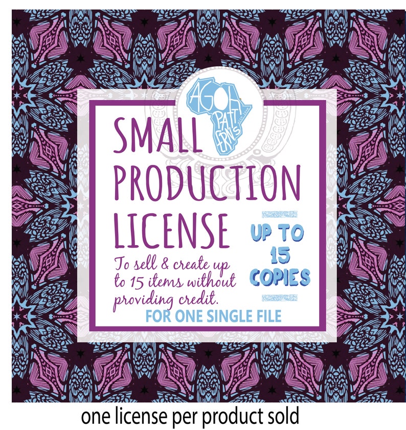 May include: A purple and white graphic with the text "SMALL PRODUCTION LICENSE UP TO 15 COPIES FOR ONE SINGLE FILE" and the text "one license per product sold".