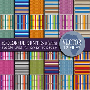 May include: A set of 12 digital paper patterns featuring colorful Kente cloth designs. The patterns are 12 inches by 12 inches and 30 centimeters by 30 centimeters. The patterns are available in JPEG and AI formats.