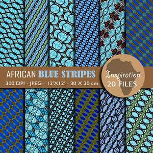 Peut inclure: Un ensemble de 20 papiers numériques avec des motifs africains inspirés, bleus et verts, aux formes géométriques. Les papiers mesurent 12 pouces sur 12 pouces et 30 centimètres sur 30 centimètres.