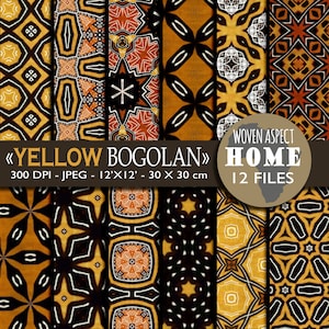 AFRICAN yellow Bogolan Patterns pack of 12  - Africa -  digital paper scrapbook - print