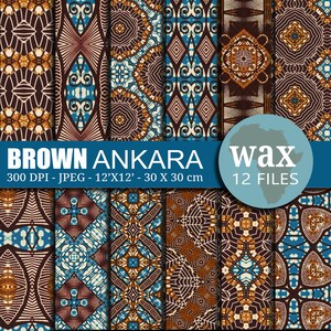 Peut inclure: Douze motifs de papier numérique présentant des motifs géométriques bruns et bleus inspirés du tissu imprimé africain Ankara wax. Les motifs mesurent 30,48 cm sur 30,48 cm et ont une résolution de 300 DPI.