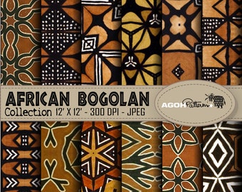 Puede incluir: Un conjunto de ocho patrones de papel digital con diseños africanos bogolan. Los patrones son en tonos de marrón, negro y blanco, y presentan formas y motivos geométricos. Los patrones miden 30,48 cm por 30,48 cm y 300 DPI.