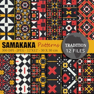 Peut inclure: Douze motifs de papier numérique présentant des motifs géométriques en noir, rouge, blanc et jaune. Les motifs mesurent 12 pouces sur 12 pouces et 30 centimètres sur 30 centimètres. Le texte "SAMAKAKA Patterns" et "TRADITION 12 FILES" est inclus dans l'image.