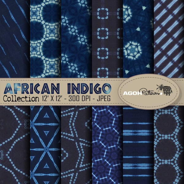 Indigo Pack de 12 motifs Africains INDIGO patterns  Afrique papier digital African fabric