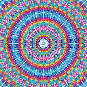 May include: A colorful, circular design with a repeating pattern of concentric circles and wavy lines. The colors are bright and vibrant, including red, orange, yellow, green, blue, and purple.
