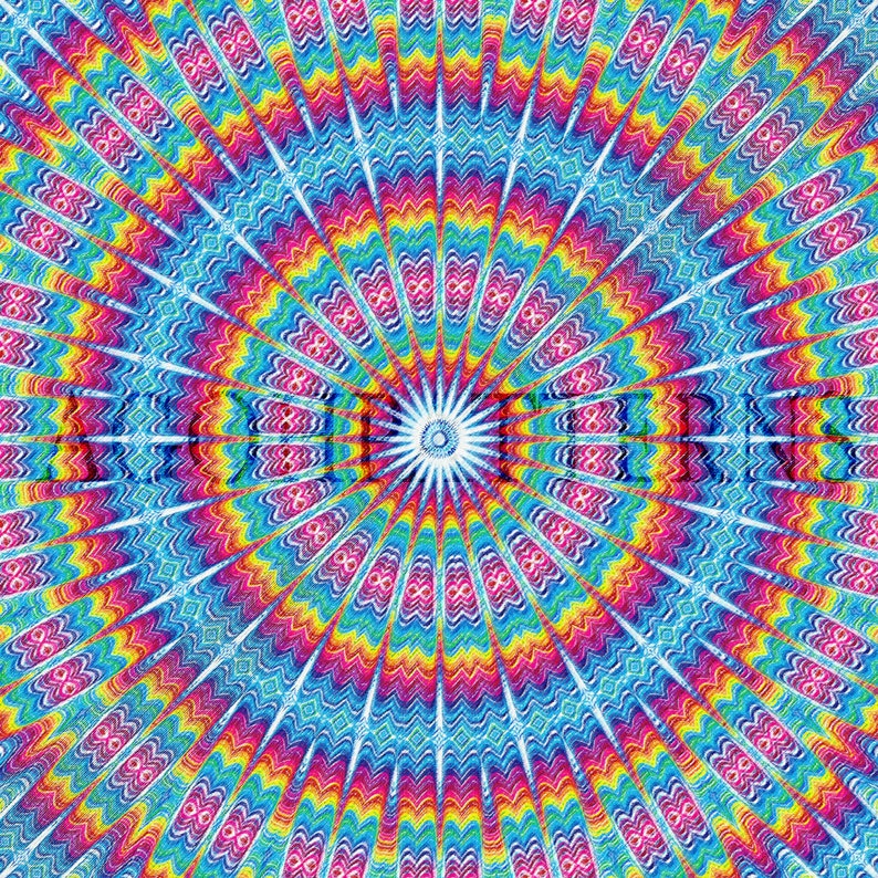 May include: A colorful, circular design with a repeating pattern of concentric circles and wavy lines. The colors are bright and vibrant, including red, orange, yellow, green, blue, and purple.