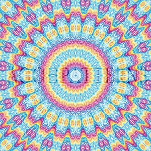 May include: A colorful mandala pattern with concentric circles of pink, yellow, blue, and white. The center of the mandala has a smaller, more detailed design with a blue and white center.
