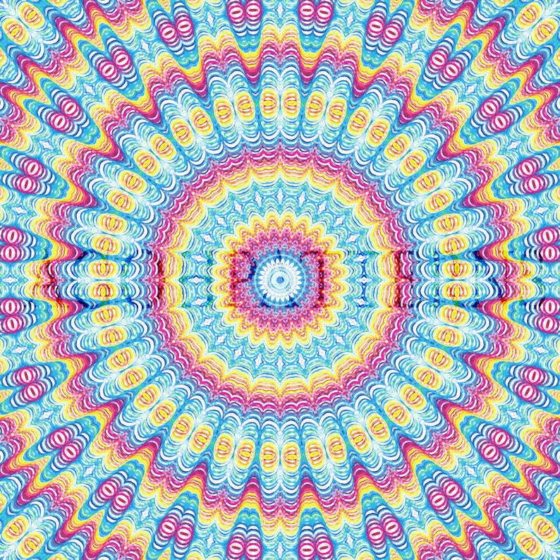 May include: A colorful mandala pattern with concentric circles of pink, yellow, blue, and white. The center of the mandala has a smaller, more detailed design with a blue and white center.