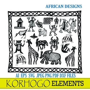 Peut inclure: Illustrations en noir et blanc de divers animaux, personnes et objets africains, dont une girafe, un éléphant et une hutte. Les illustrations sont encadrés d'un motif noir et blanc. Le texte "AFRICAN DESIGNS" est en haut de l'image et le texte "KORHOGOGO ELEMENTS" est en bas de l'image.