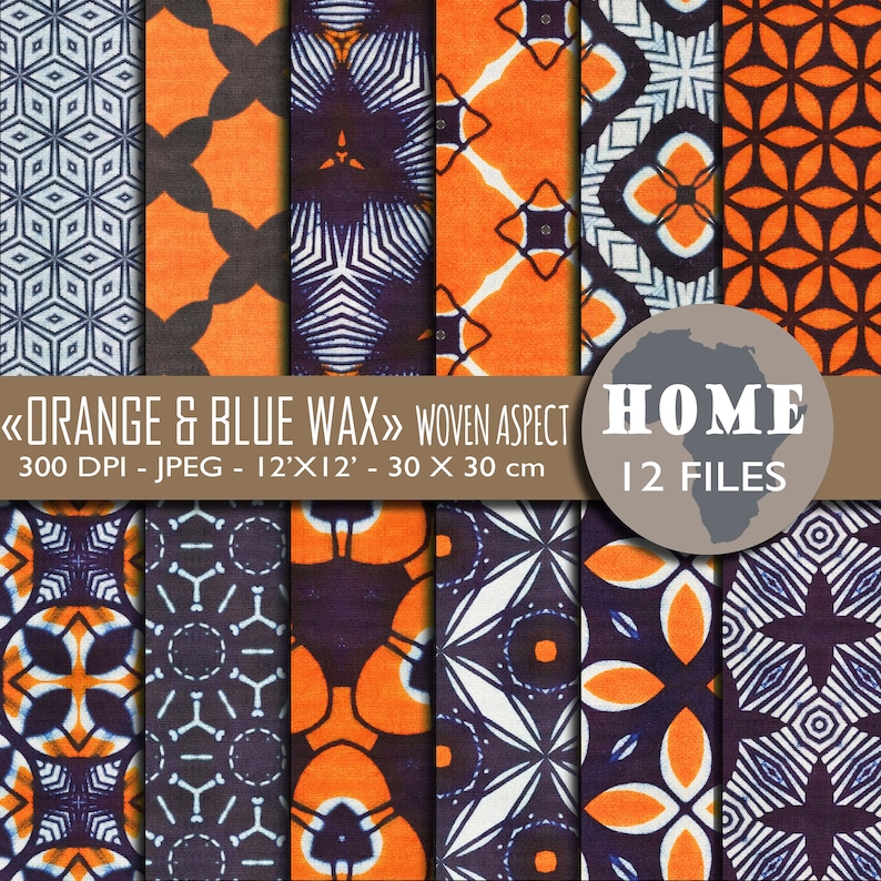 May include: Twelve digital paper designs featuring orange and blue geometric patterns with a woven texture. The designs are 12 inches by 12 inches and 300 DPI.
