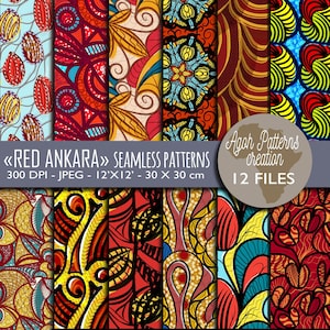 May include: Twelve seamless patterns featuring red, yellow, blue, and black geometric designs inspired by African Ankara fabric. The patterns are 12 inches by 12 inches and 30 centimeters by 30 centimeters.