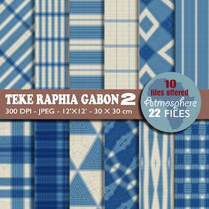 May include: A collection of ten digital files featuring various blue and white patterned designs. The patterns include stripes, plaid, and geometric shapes. The image includes the text "TEKE RAPHIA GABON 2" and dimensions of 12x12 inches.