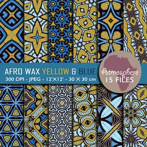 Yellow and blue african Wax pack of 15 digital Patterns - instant download jpeg files / pack of 15 - Africa digital paper scrapbook - SCRAPS