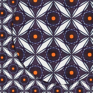 May include: A seamless pattern with a repeating geometric design. The pattern features white, blue, and orange colors. The design is made up of overlapping circles and stars.