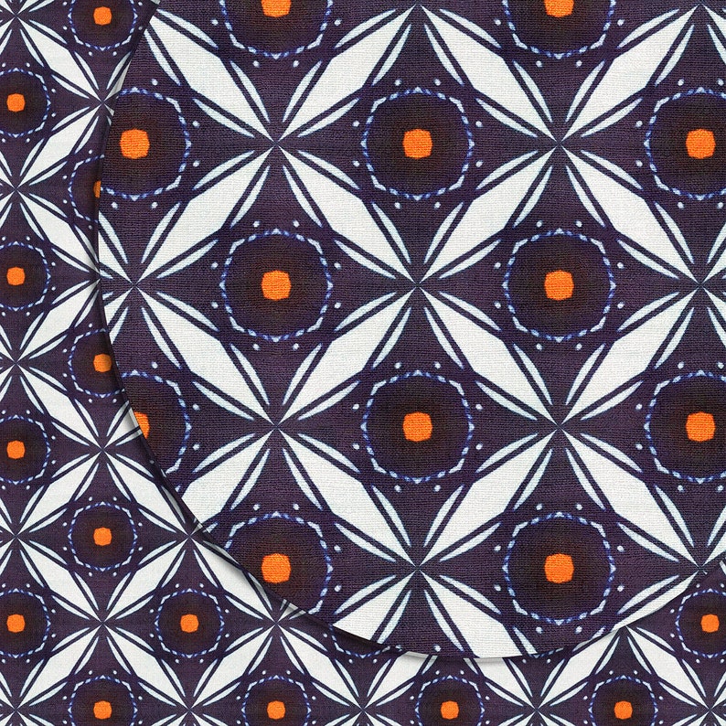 May include: A seamless pattern with a repeating geometric design. The pattern features white, blue, and orange colors. The design is made up of overlapping circles and stars.