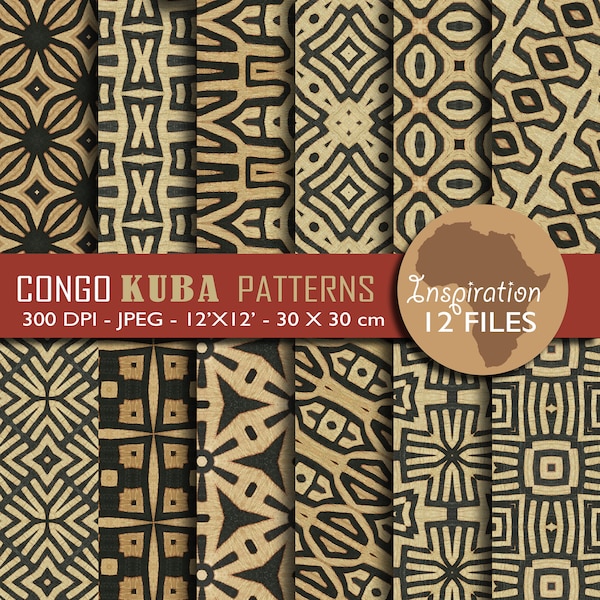 KUBA Congo Pack de 12 motifs Africains numériques au format JPEG d'inspiration KUBA Afrique papier digital African papier digital