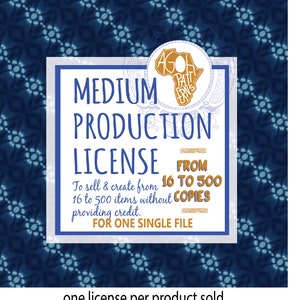 Op de afbeelding: Een witte en gouden afbeelding met de tekst "MEDIUM PRODUCTION LICENSE FROM 16 TO 500 COPIES FOR ONE SINGLE FILE" en een afbeelding van het Afrikaanse continent. De tekst "one license per product sold" staat onderaan de afbeelding.