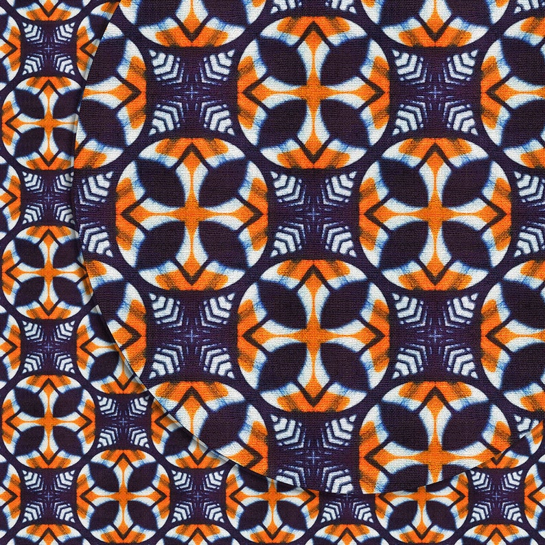 May include: A seamless pattern of orange, white, and blue geometric shapes on a dark blue background. The pattern is made up of repeating crosses and circles.