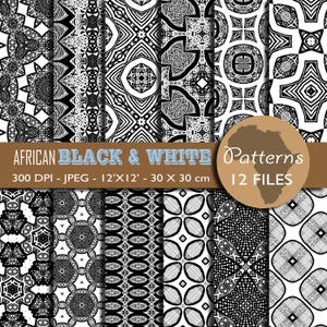 Peut inclure: Douze motifs numériques de papier noir et blanc avec des motifs géométriques d'inspiration africaine. Chaque motif mesure 12 pouces sur 12 pouces et 30 centimètres sur 30 centimètres.
