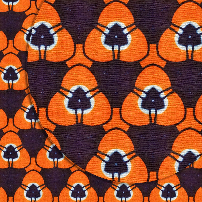 May include: A repeating pattern of orange, white, and black triangular shapes on a dark purple background. The pattern is reminiscent of African fabric.
