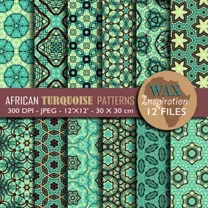 Peut inclure: Douze motifs de papier numérique avec des motifs géométriques turquoise et bruns. Les motifs sont sans couture et peuvent être utilisés pour une variété de projets, tels que le scrapbooking, la fabrication de cartes et la conception de tissus. Le texte "WAX Inspiration 12 FILES" est affiché sur un cercle brun avec une carte de l'Afrique.