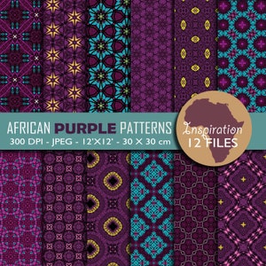 Peut inclure: Douze motifs de papier numérique avec des motifs géométriques violets, turquoise, jaunes et roses. Les motifs sont inspirés de l'art africain et sont parfaits pour le scrapbooking, la fabrication de cartes et autres projets d'artisanat. Le texte "AFRICAN PURPLE PATTERNS" et "Inspiration 12 FILES" est inclus dans l'image.
