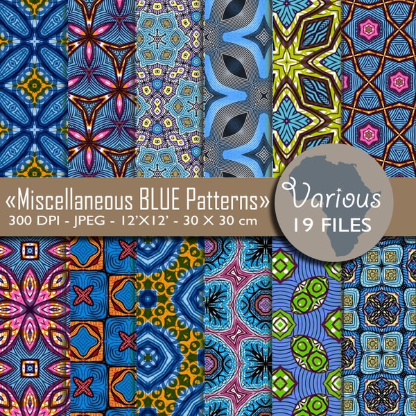 Pack de 19 motifs bleus Africains numériques d'inspiration Pagne WAX - Miscellaneous blue patterns   - Afrique papier digital Agohpatterns