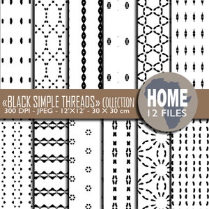 May include: A set of 12 digital paper patterns featuring black and white geometric designs. The patterns are seamless and can be used for a variety of projects, such as scrapbooking, card making, and digital design. The patterns are 300 DPI and are 12 inches by 12 inches in size.  <<BLACK SIMPLE THREADS>> COLLECTION HOME 12 FILES