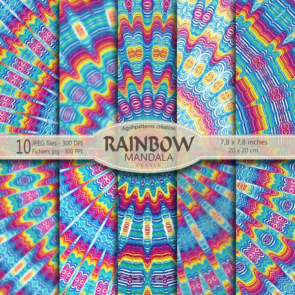 10 rainbow mandalas - kaleidoscope - instant download - telechargement immédiat - papier numérique -digital paper