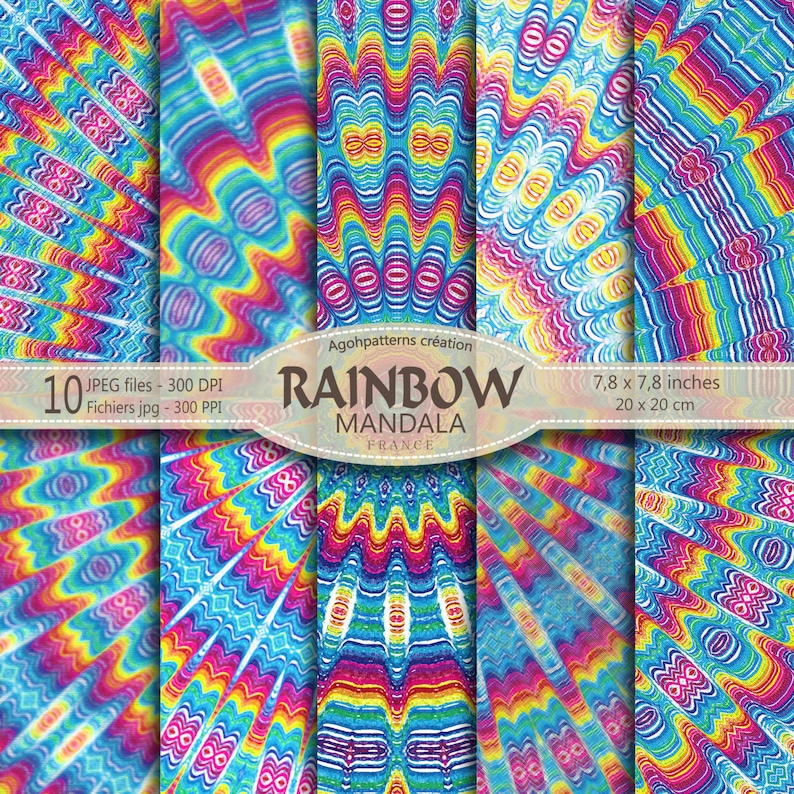 May include: A set of 10 digital paper designs featuring a rainbow mandala pattern. The papers are 7.8 inches by 7.8 inches and are 300 DPI.