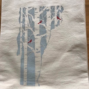 Birches with cardinal winter scene on flour sack towel