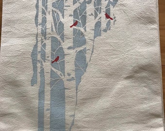 Birches with cardinal winter scene on flour sack towel