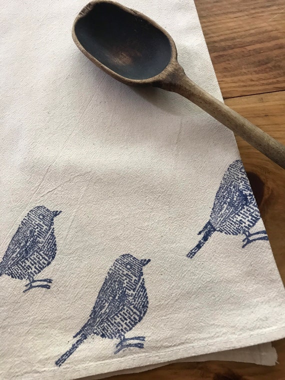 Flour sack towel, hand blocked birds