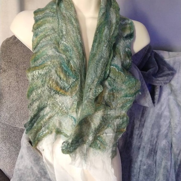 Merino wool and silk hand felted nuno light thin scarf in green with gold and white, magnetic brooch