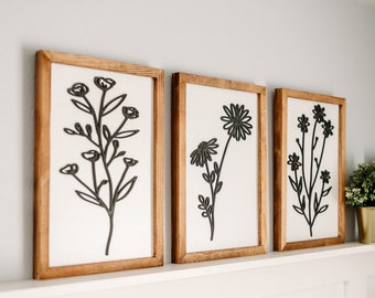 Neutral Floral Wood Sign Set, 3D Laser Cut, Farmhouse Decor