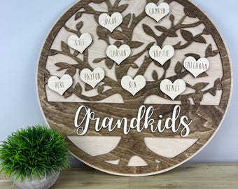 Engraved Baltic Birch Family Tree Sign, Walnut Stain Grandkids Hearts
