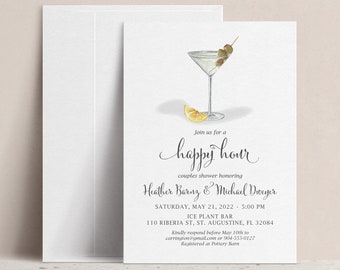 Happy Hour Couples Bridal Shower Invitation, Cocktail Party Wedding Shower, Birthday Party, Rehearsal Dinner, Classy Elegant Martini Olive