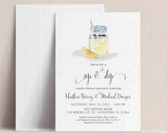 Sip & Dip Couples Pool Party Bridal Shower Invitation, Cocktail Party Wedding Shower, Birthday Party, Rehearsal Dinner, Lemonade Baby Shower