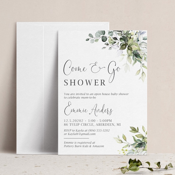 Come and Go Baby Shower Invitation, Come and Go Bridal Shower Invitation, Open House Baby Sprinkle Invite, Greenery Couples Family Shower